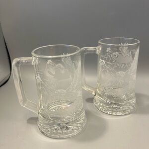 (2) Glass Mugs With Flying Bald Eagles High Above The Mountains & Trees. 5” Tall